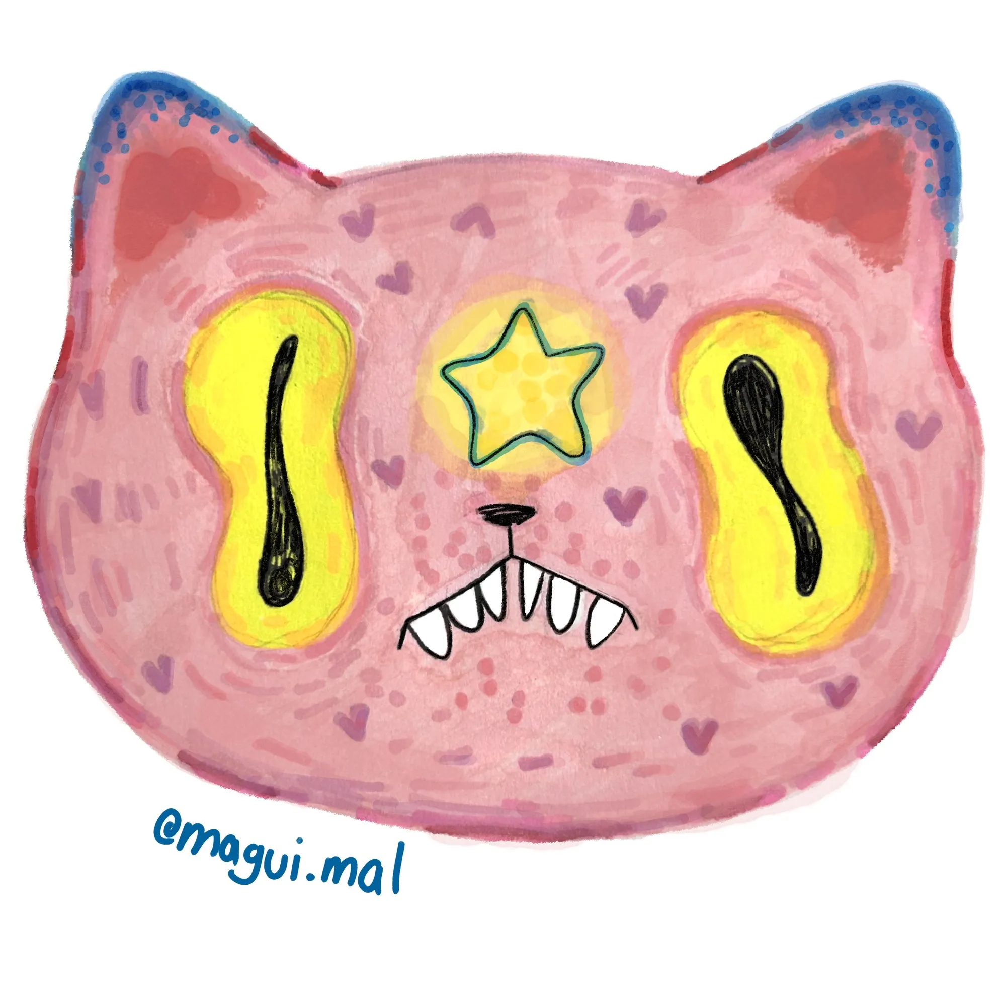 Cara de gato rosa con ojos amarillos de pupila rasgada, una estrella en la frente y colmillos chuecos.