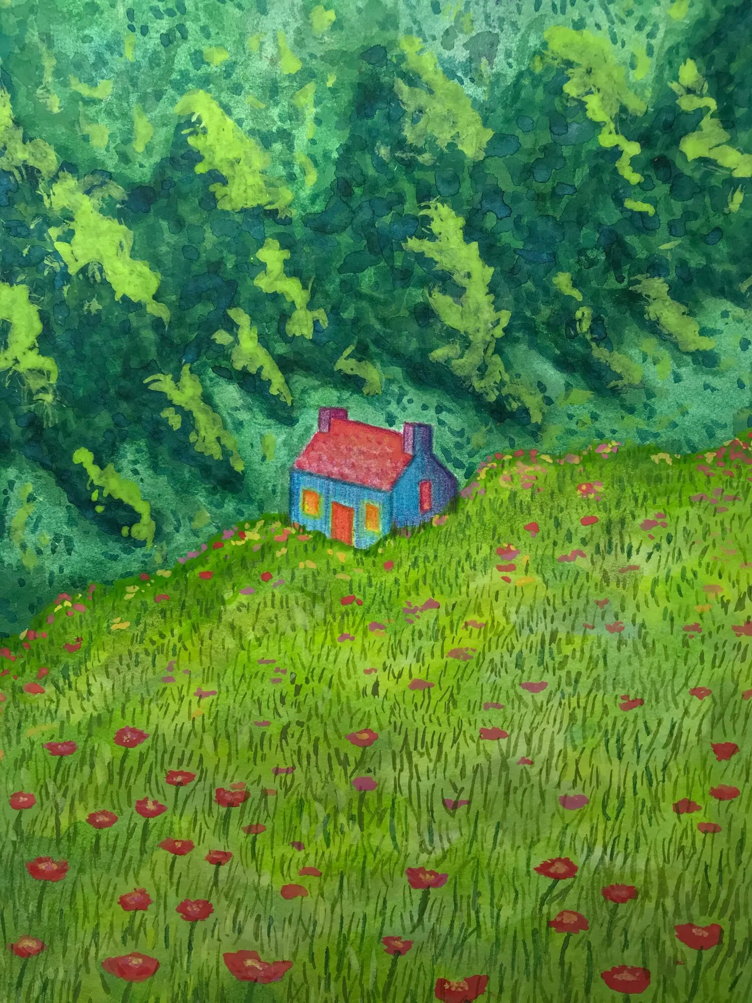 Pintura de una casita roja en una ladera verde con amapolas y bosque