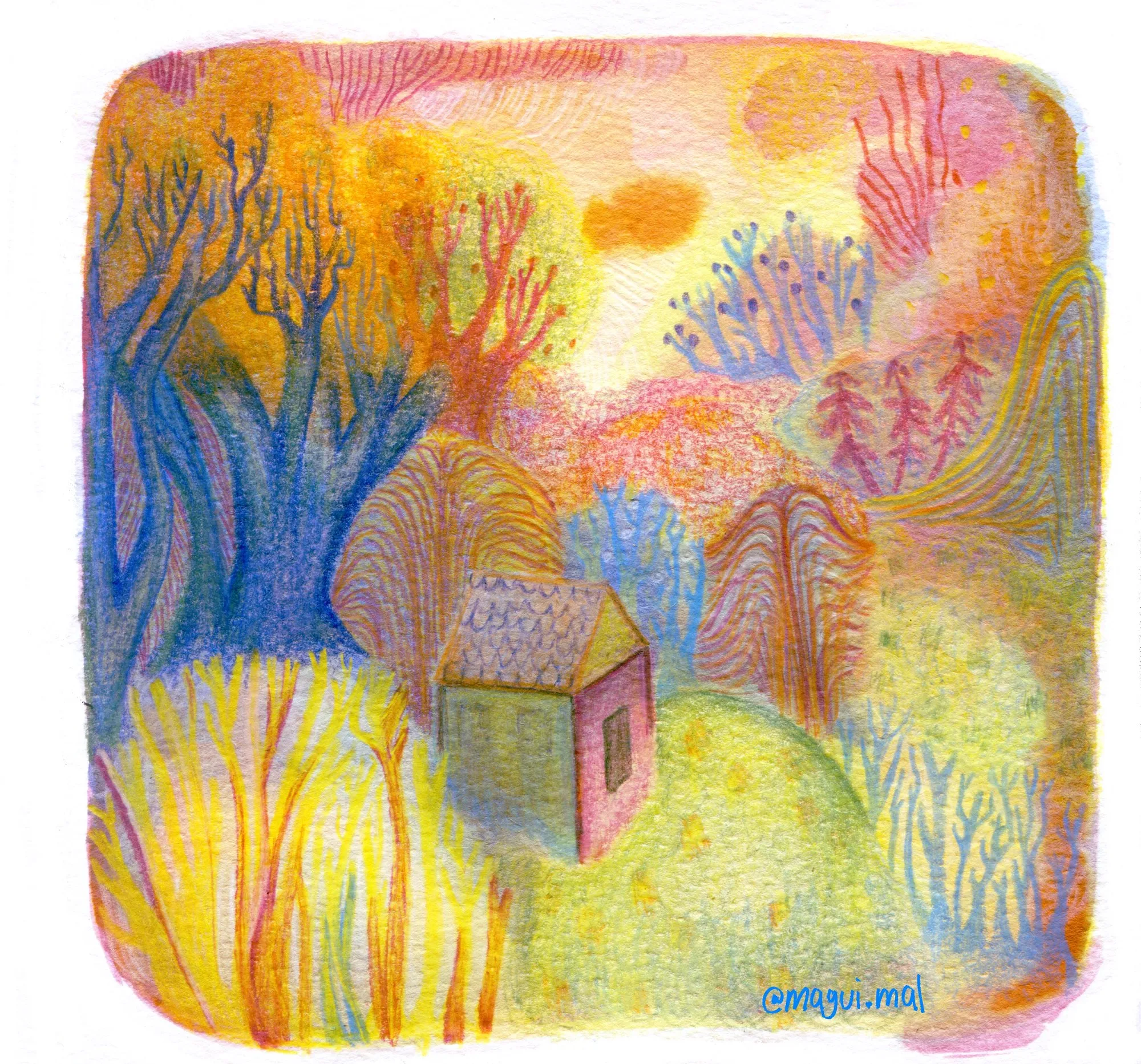Paisaje de colores cálidos con una casita escondida entre árboles azules, rosas y amarillos.