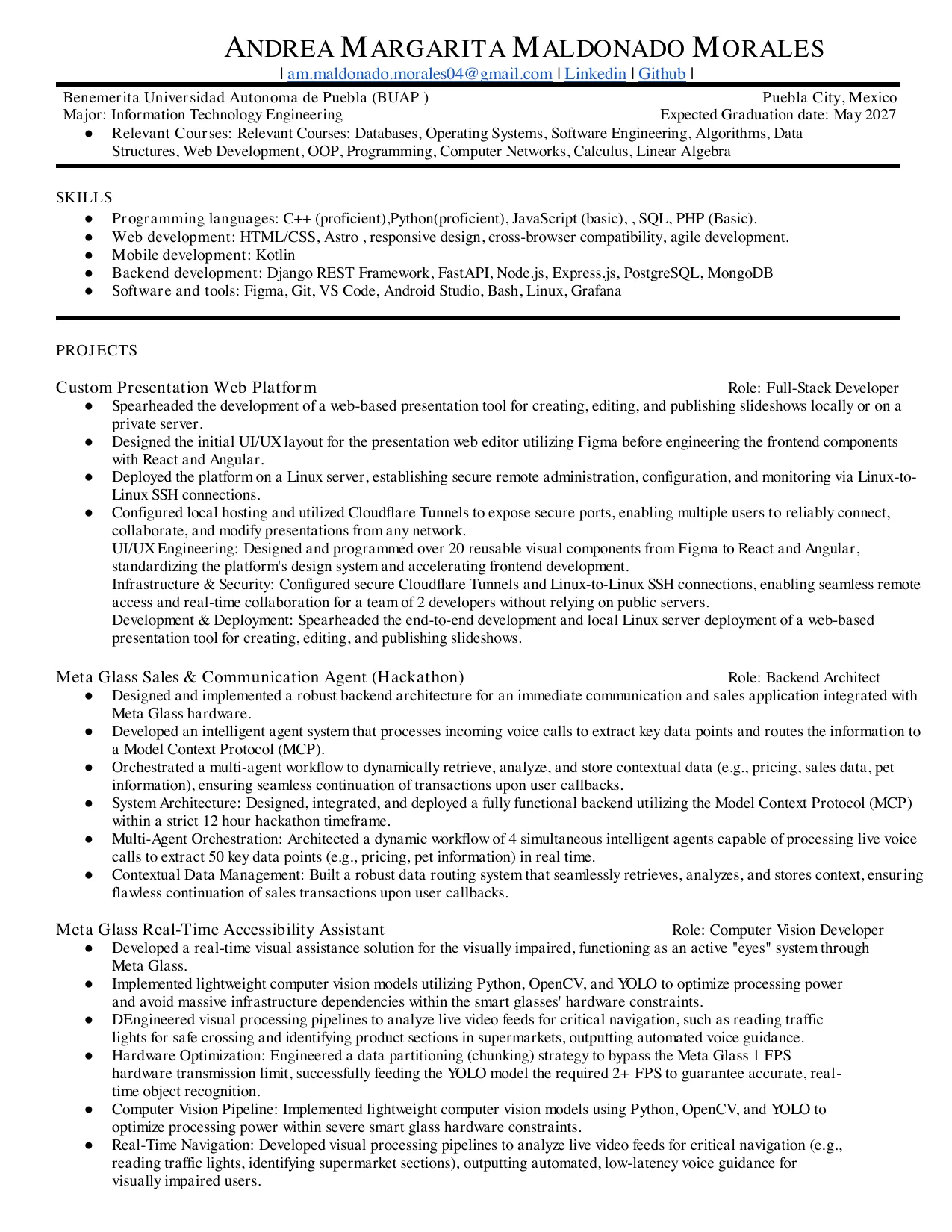 Primera página del CV de Andrea Maldonado: estudios, habilidades y proyectos