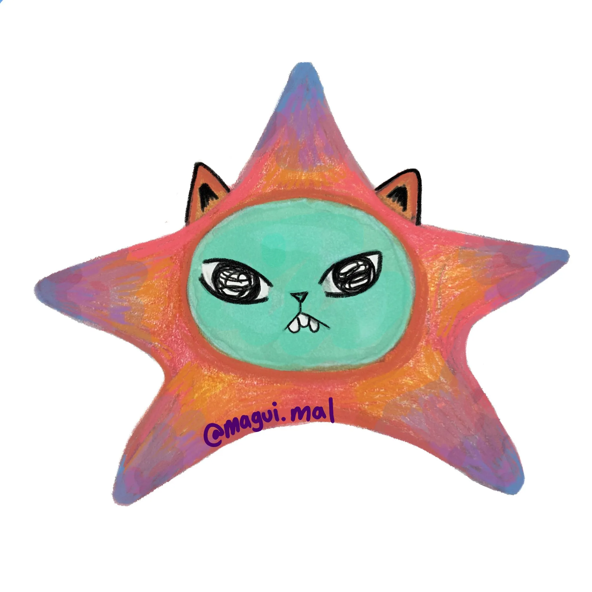 Gato verde agua dentro de una estrella naranja, con cara de pocos amigos.