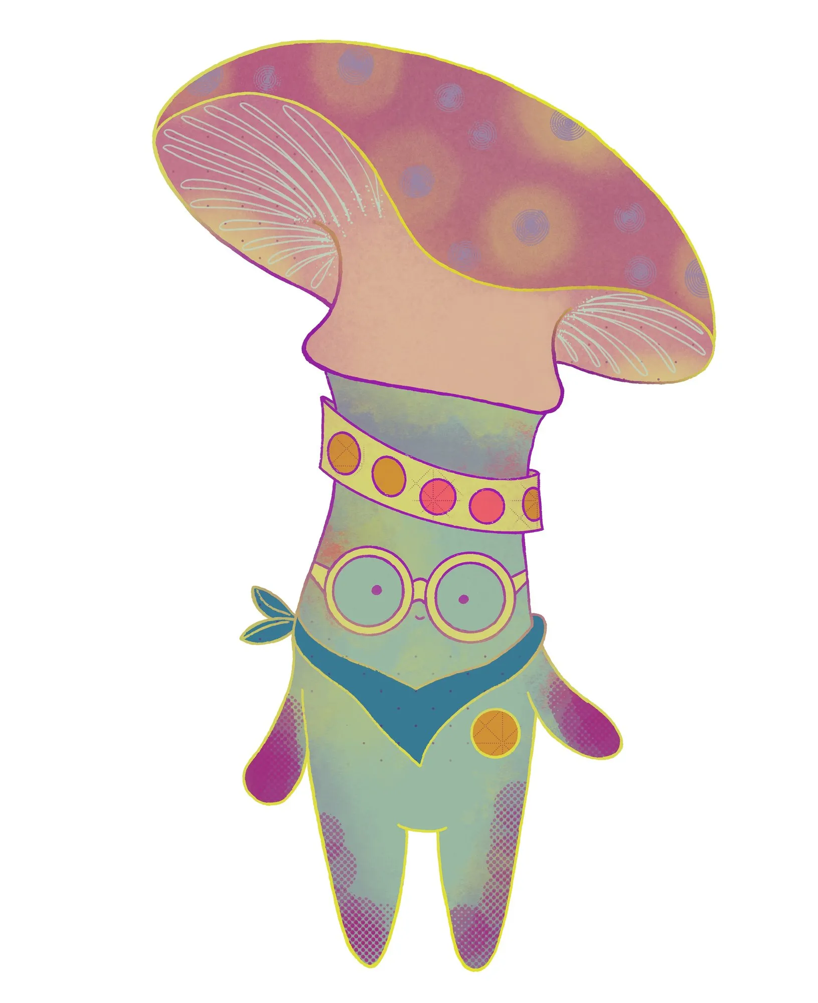 Hongo de sombrero rosa con collar de cuentas, lentes redondos y paliacate azul, listo para explorar.