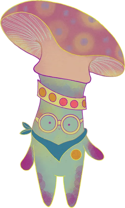 Hongo dibujado por Magui, con lentes y paliacate