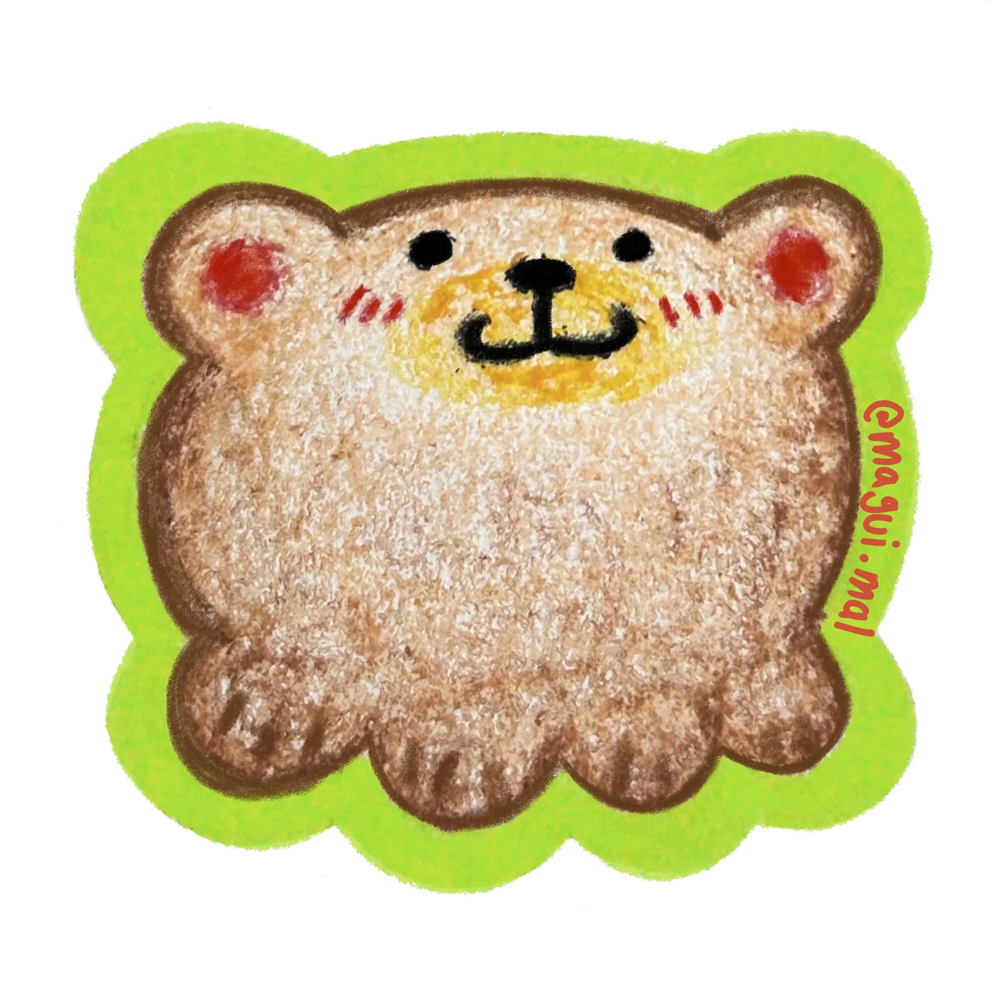 Cara de oso café sonriente con cachetes rojos, sobre un fondo verde limón.