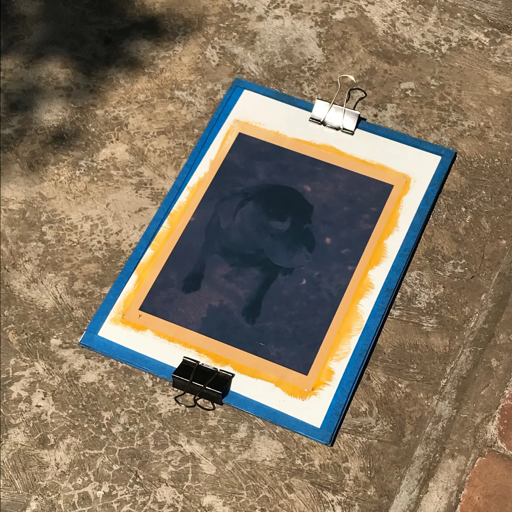Tabla con el papel expuesto al sol, vista de cerca