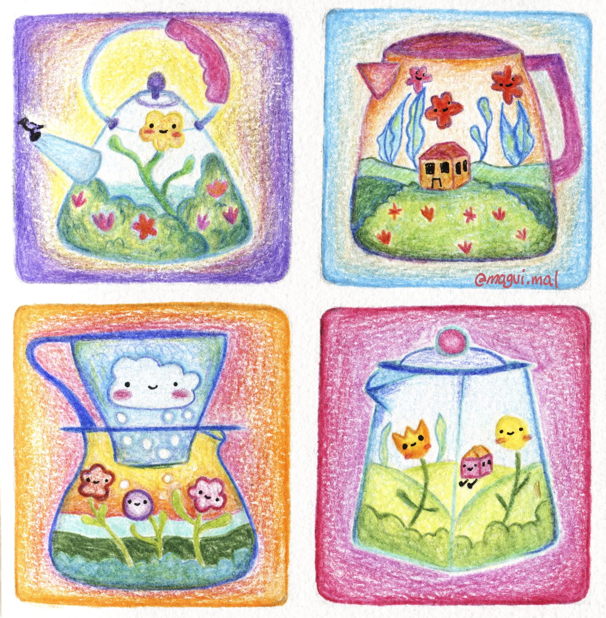 Cuatro teteras de vidrio con jardines adentro: flores, una casita, una nube y gatitos.